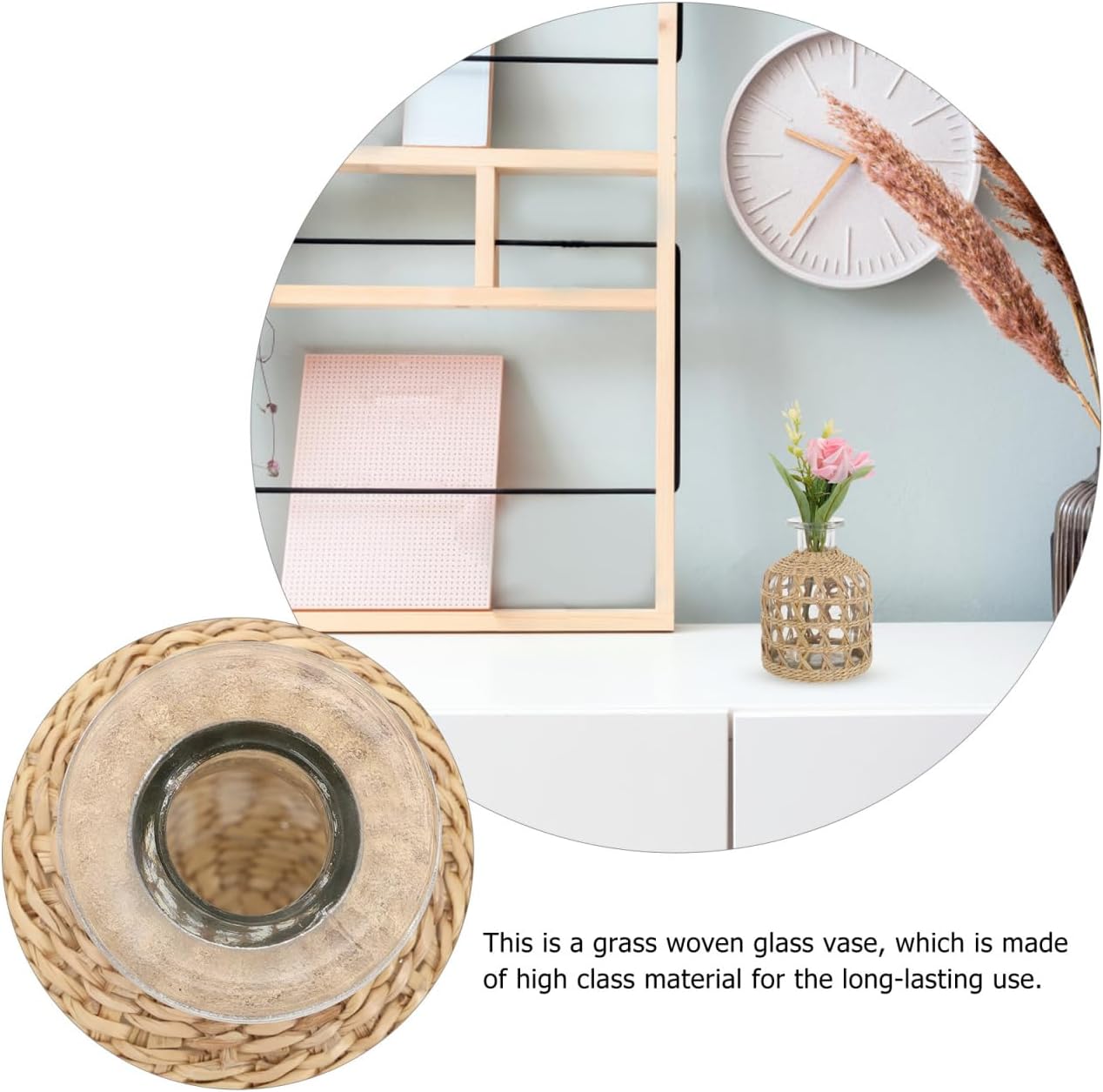 DOITOOL Glass Flower Vase with Rattan Cover, Straw Woven Glass Vase Decorative Boho Flower Container Farmhouse Flowerpot for Home Arrangement Table Decoration, 3.1X3.1X4.4inch