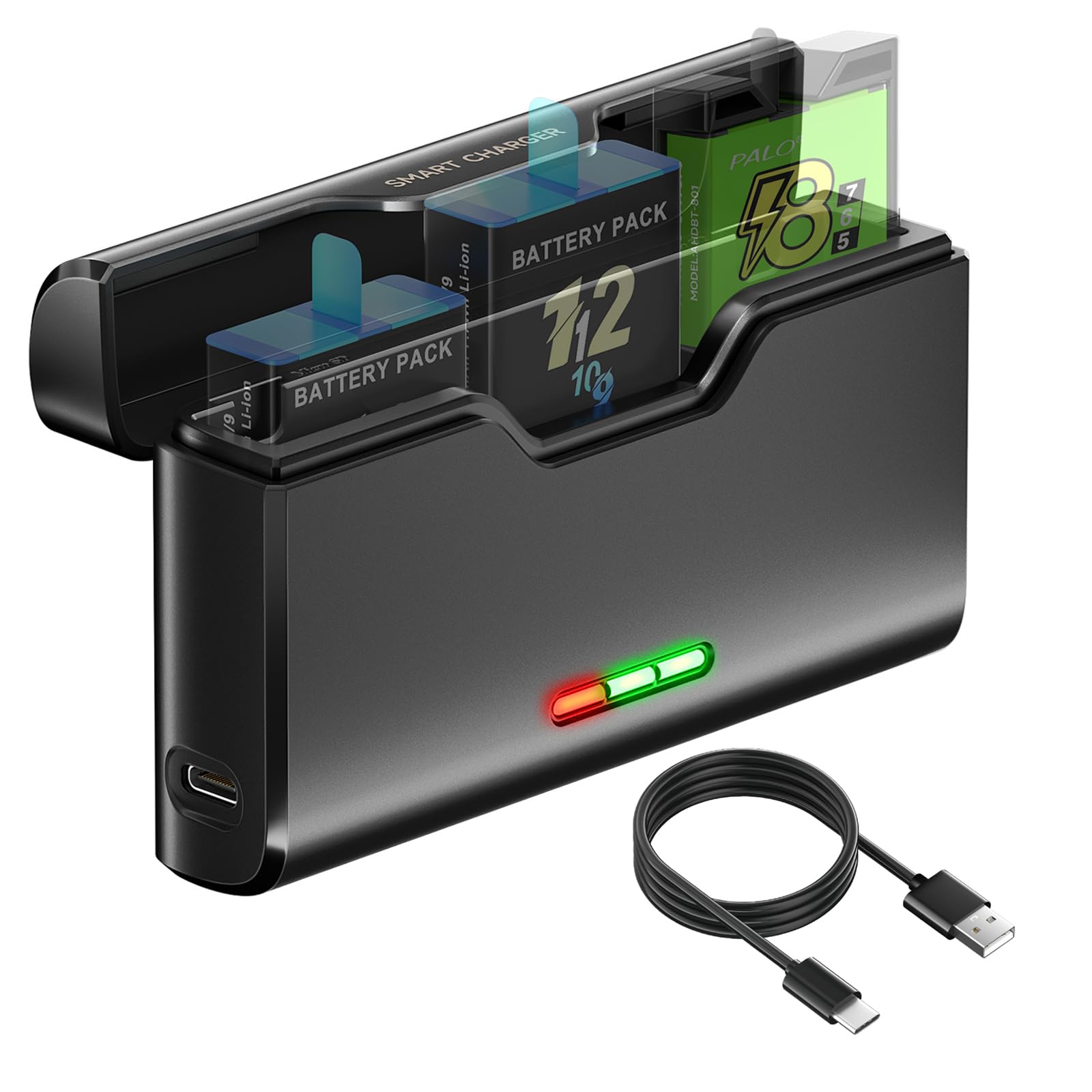 Cargador de batería para Go Pro Hero 12/11/10/9/8/7/6/5-3 Ranuras Cargador de batería con Accesorios para batería, 2 memorias para Tarjetas TF, Carga rápida, Apta para Bajas temperaturas