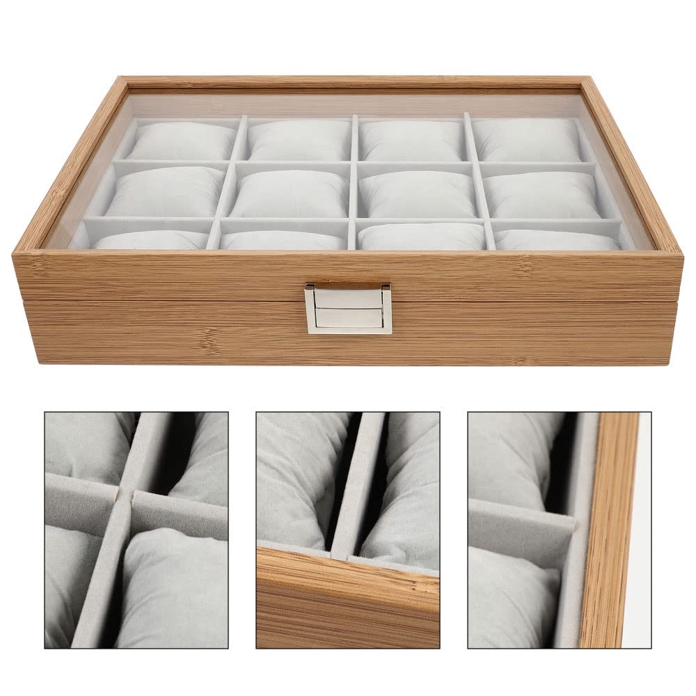 XBTGS Caja de almacenamiento de joyas con 12 ranuras, caja de madera, bandeja de exhibición con almohada,