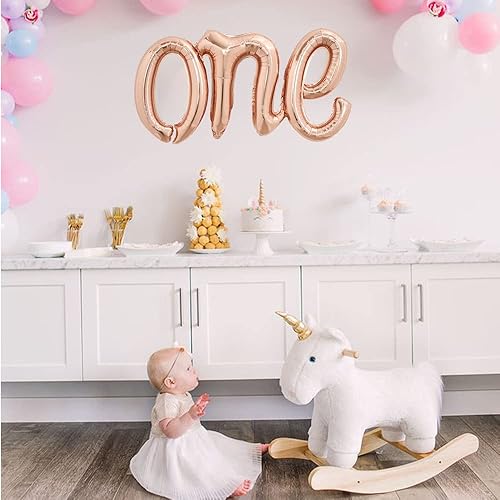 Miniatura 4 de TONIFUL Pancarta de Globos Rose Gold One, 42*16 Pulgadas Lámina de Mylar con Escritura, Banderín de Globos con Letras Cursivas ONE Reutilizable de