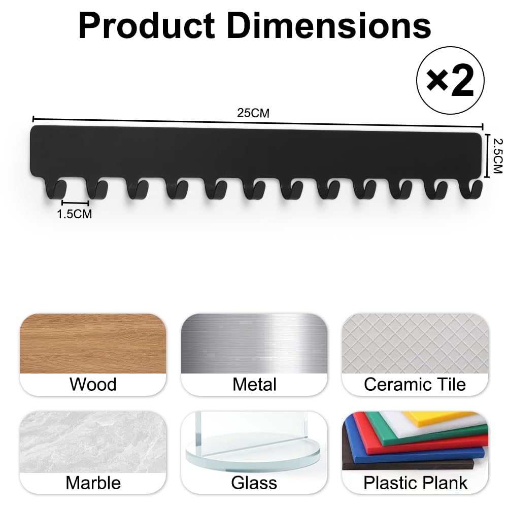 HOTUT 2PCS Organizador De Joyas Para Colgar En La Pared,Metal Soporte De Joyas Con 12 Ganchos,Soporte Para Cadenas De Joyas y Colgadores Con Autoadhesivo Para Pendientes Pulseras Collares,Negro - 3