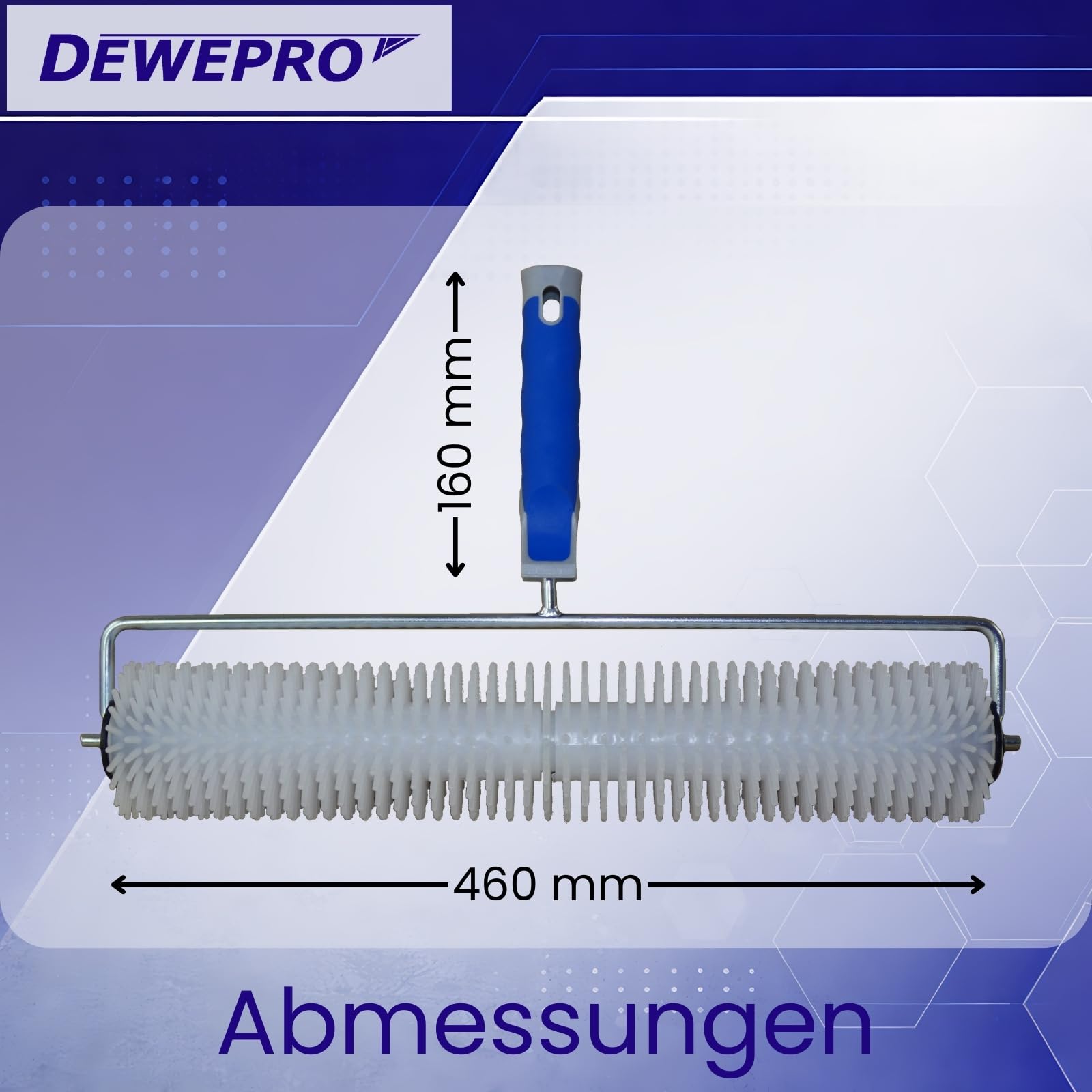 DEWEPRO® Rullo frangibolle Ø85x460 mm - Lunghezza dei chiodi 20 mm - Rullo per autolivellante - Rullo a bolle - Supporto Metallico Robusto con Manico Bi-Componente