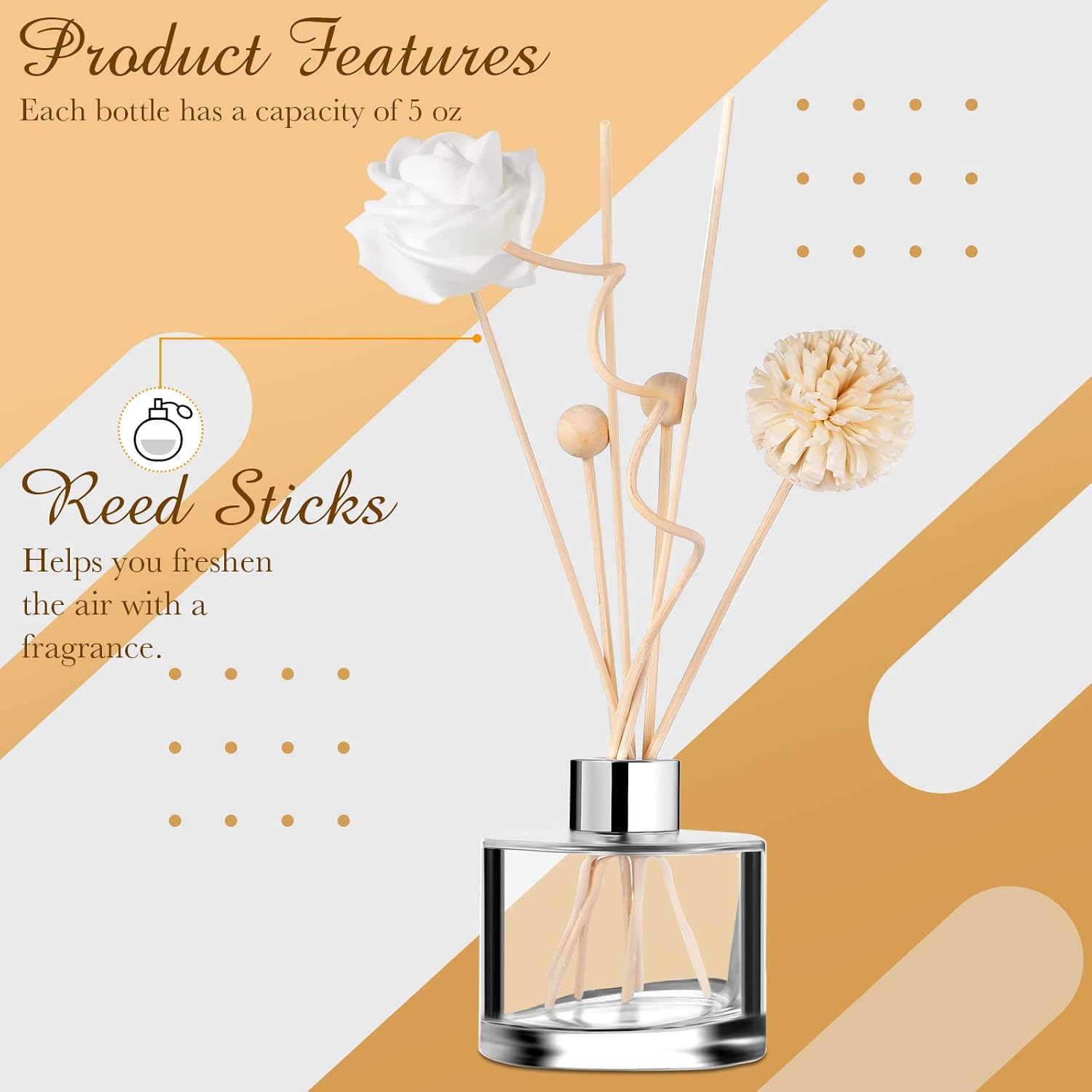 Fragrance Reed Diffuser, 150 ml/ 5 oz Glass Aromatherapy Diffuser Set with Natural Reed Sticks Scent Fragrance Office Air Freshener Scented Home Bathroom Decor