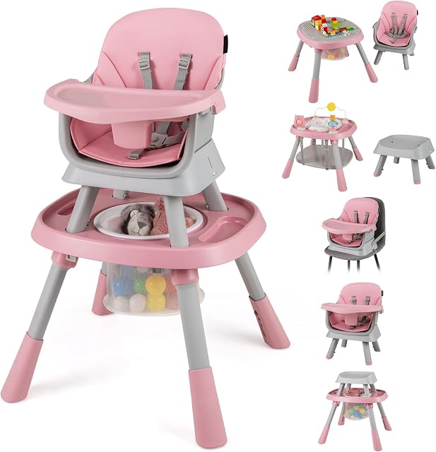 HONEY JOY 16-in-1 Baby High Chair, Convertible Highchair for Babies and Toddlers/Booster Seat/Activity Center with Toys, Building Block Table & Stool, Safety Harness, Removable Cushion & Tray (Pink)