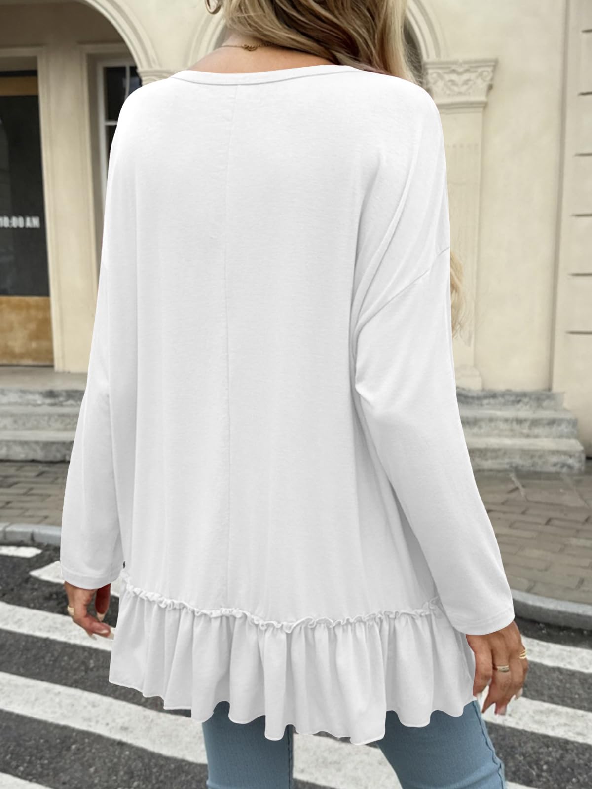 Tankaneo Tunique péplum surdimensionnée à manches longues pour femme - Chemise plissée décontractée à col rond - Coupe ample