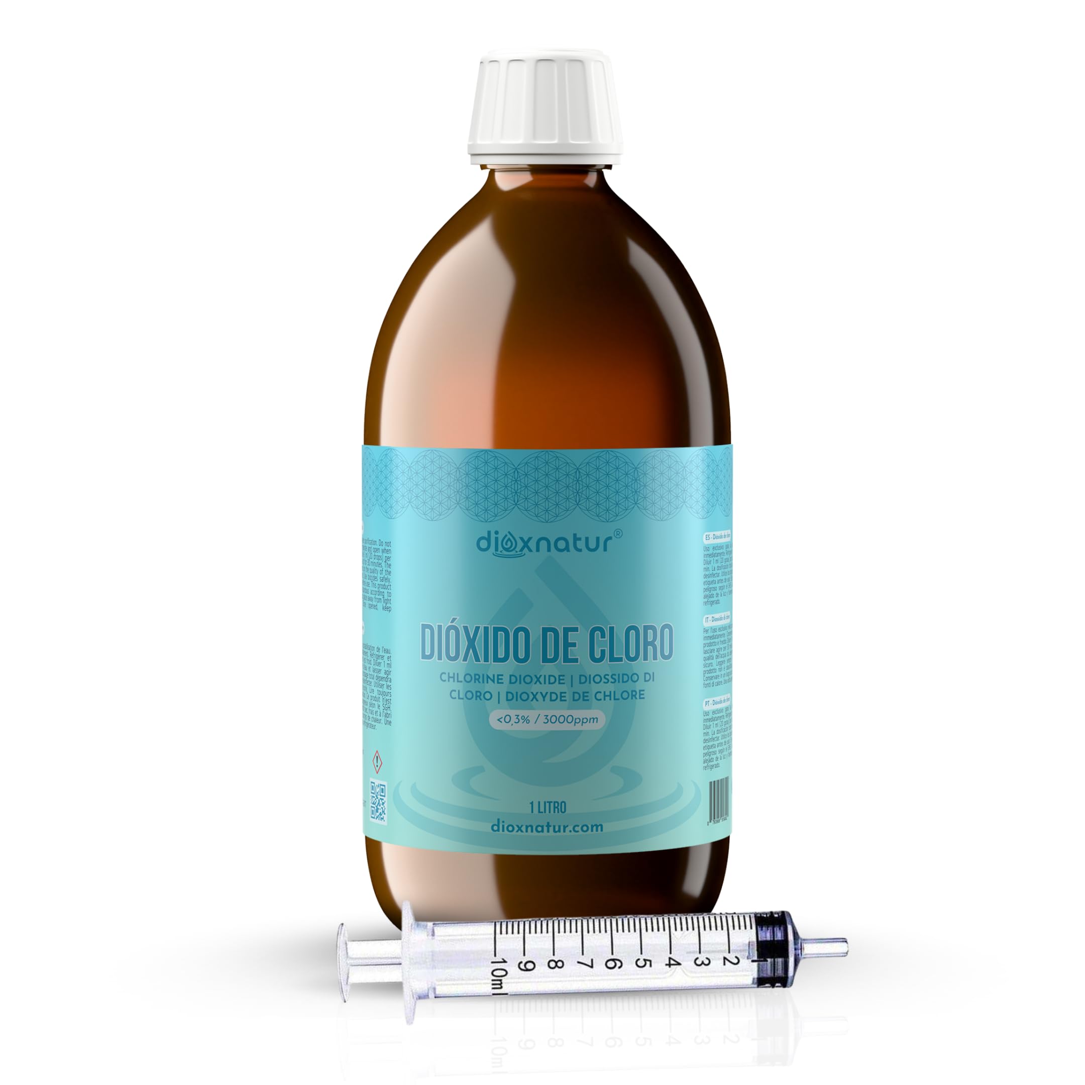 Dióxido de Cloro 3000 ppm 1 litro CDS 0.3% Botella de Vidrio Ámbar con Gotero y Jeringuilla