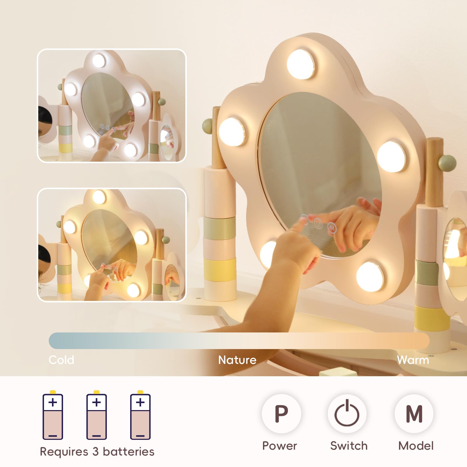 OOOK Schminktisch Kinder mit LED-Beleuchtung, Rosa Kinder Schminktisch mit Hocker und Spiegel, Frisiertisch aus Holz, Schminkkommode für Mädchen ab 3 Jahre