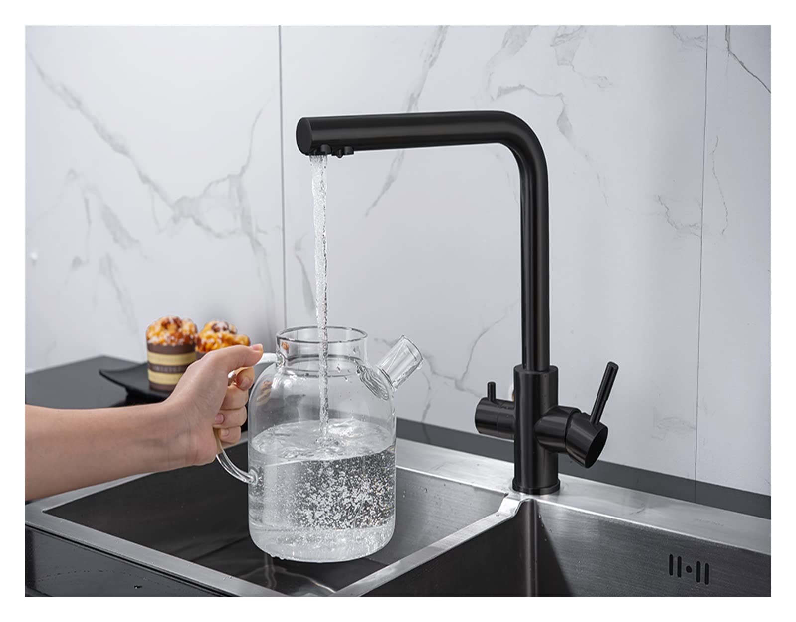 Robinet de cuisine à eau filtrée double poignée Ssd001LB noir