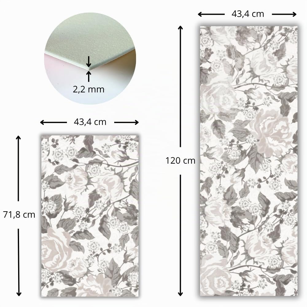 Pack 2 Alfombra Vinilo Cocina Antideslizante – Alfombrilla Vinílica Lavable PVC para Cocina Moderna 43x72 y 43x120 cm (Flowers)