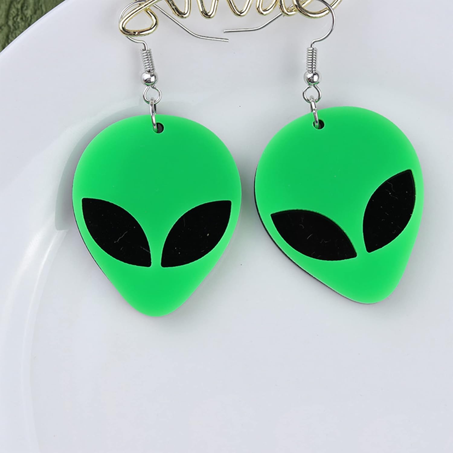 Acrylic Punk Green Alien Face Dangle Earrings Big Eye Space Aliens Statement Drop Stainless Steel Rave Earrings - Image 5