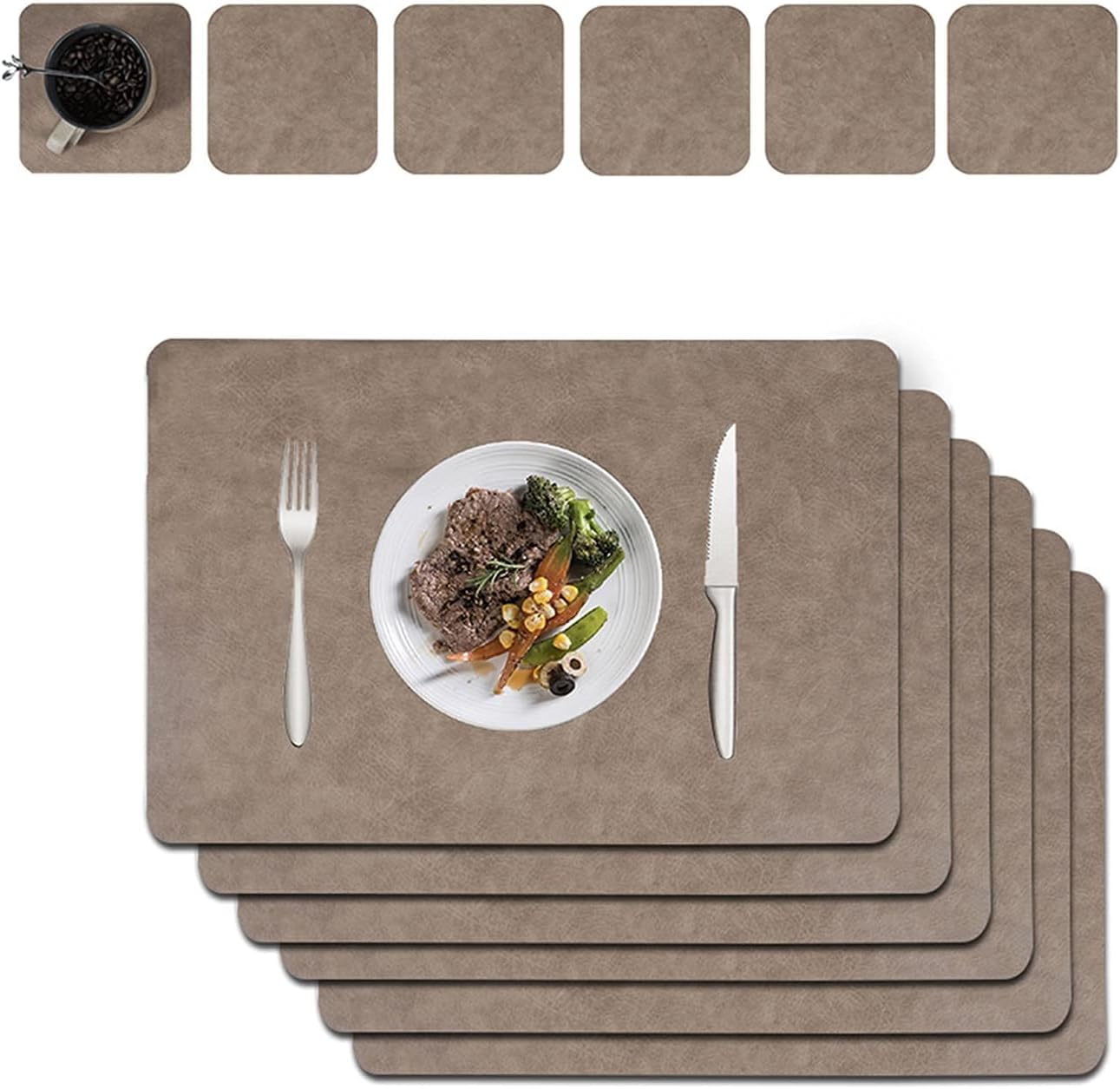 Placemats and Coaster Set of 6, Double Thickened Dining Table Mats and Coasters, for Hotel and Office (Gray Brown)