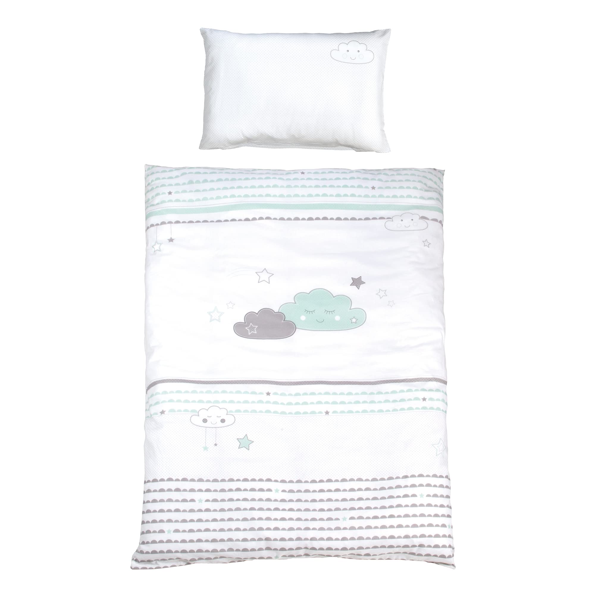 roba Lit Cododo Complet 60 x 120 cm Happy Cloud - Textiles Complets avec Motif de Nuages - Matelas, Ciel, Parure de Lit - 4 Roues à Freins - Bois Blanc