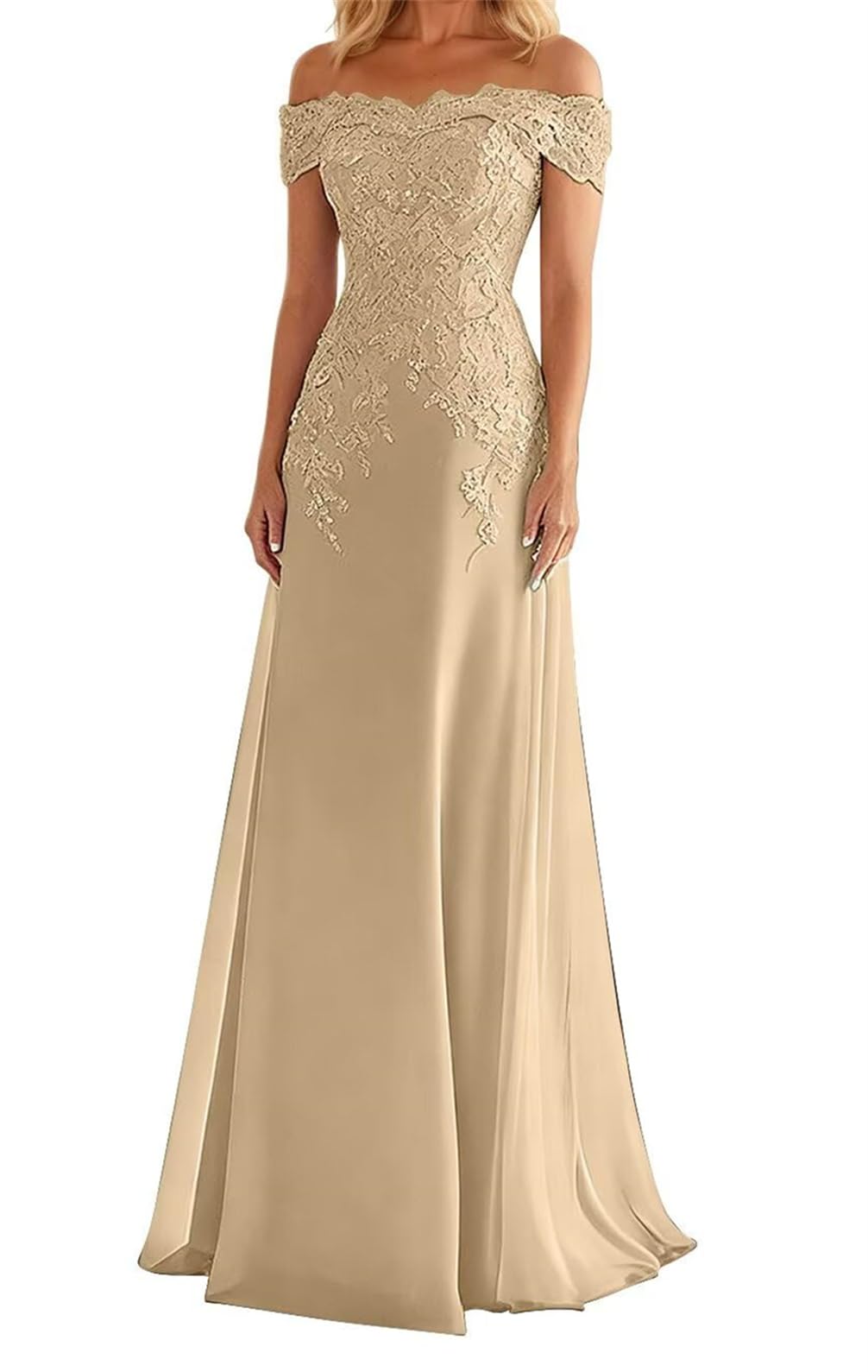 Wseyu Women's Champagne Lace Applique Mother Of The Bride Dresses Off Shoulder Wedding Formal Evening Prom Party Gown Zmki420 Uk16