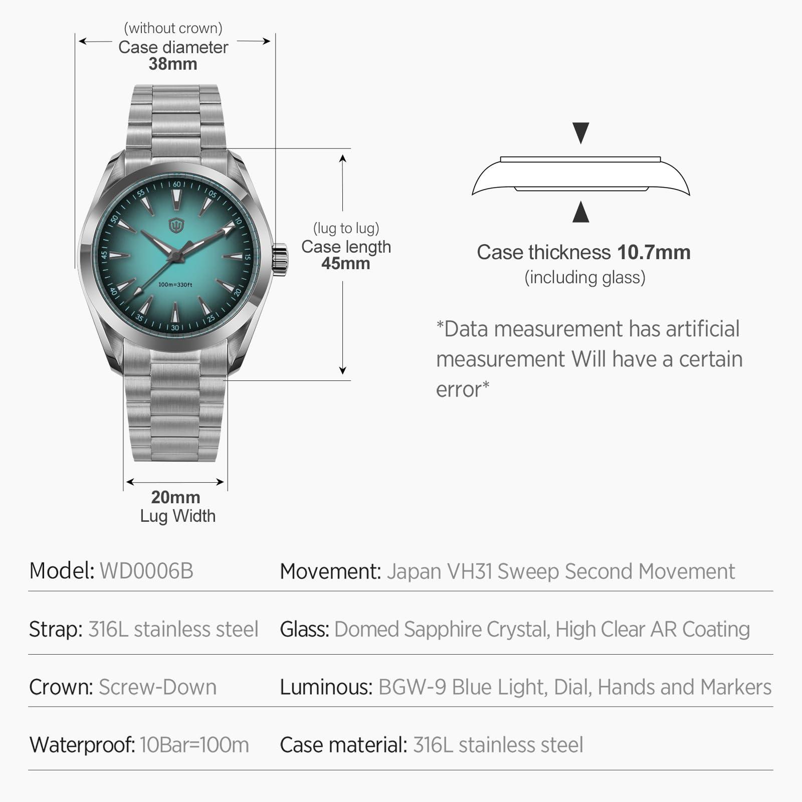 watchdives VH31 Reloj de Cuarzo, WD0006 Reloj de Pulsera de Acero Inoxidable 38mm Cristal de Zafiro Abombado Relojes de Lujo 100M Resistente al Agua