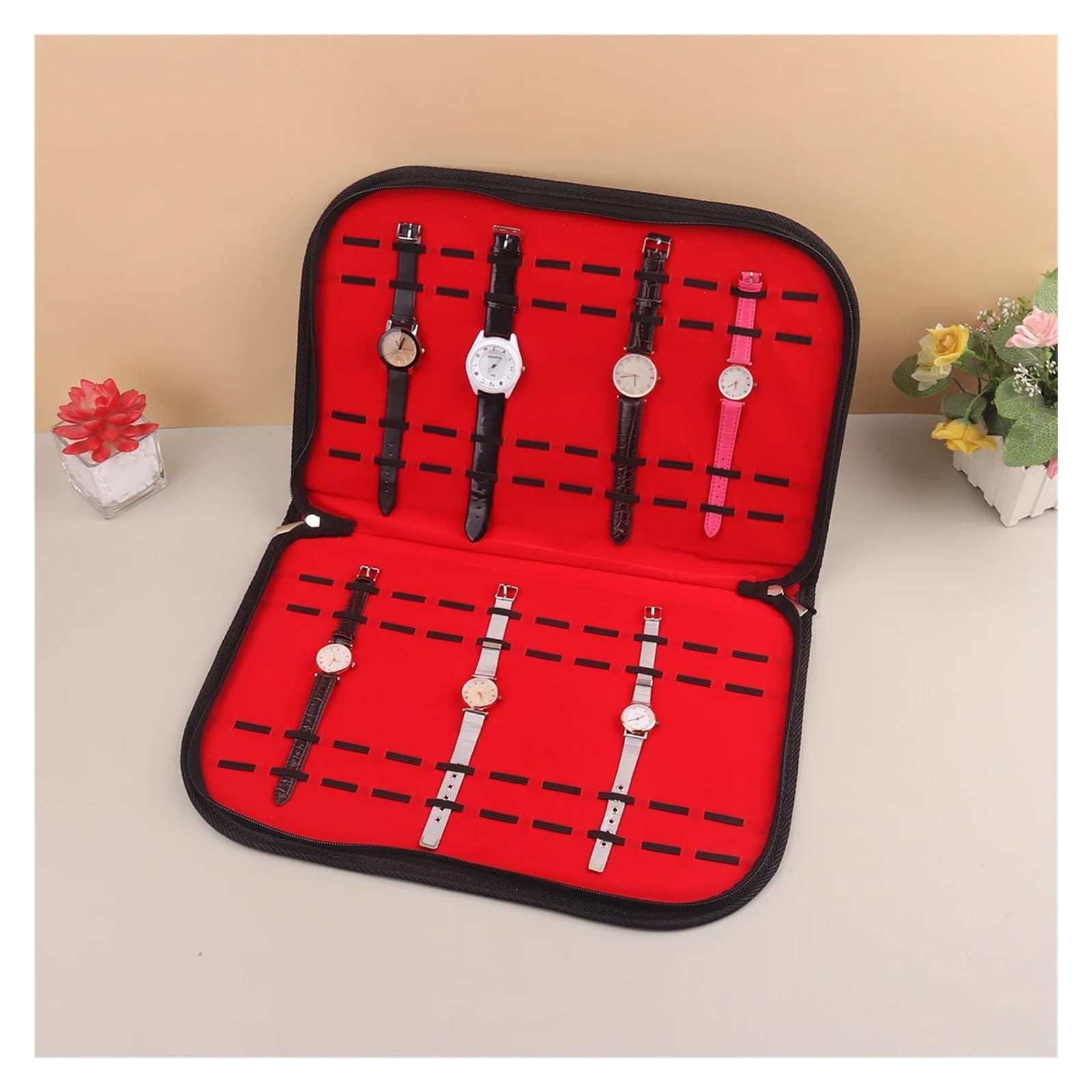 Multifunktionaler tragbarer Uhrenarmband-Organizer, Reiseetui for Uhren aus Leder und Flanell, Schwarz/Rot, tragbares Uhrenetui for die Reise zur Aufbewahrung von Uhren