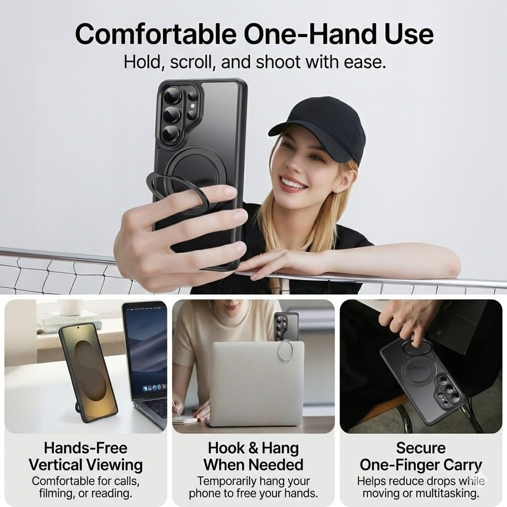 Magnetic Ring Stand Case for Samsung Galaxy S26 / S26+ / S26 Ultra, Compatible with MagSafe, 360° Rotatable Foldable Kickstand, Shockproof Protective Cover with Non-Slip Grip(Black,S26 Ultra)