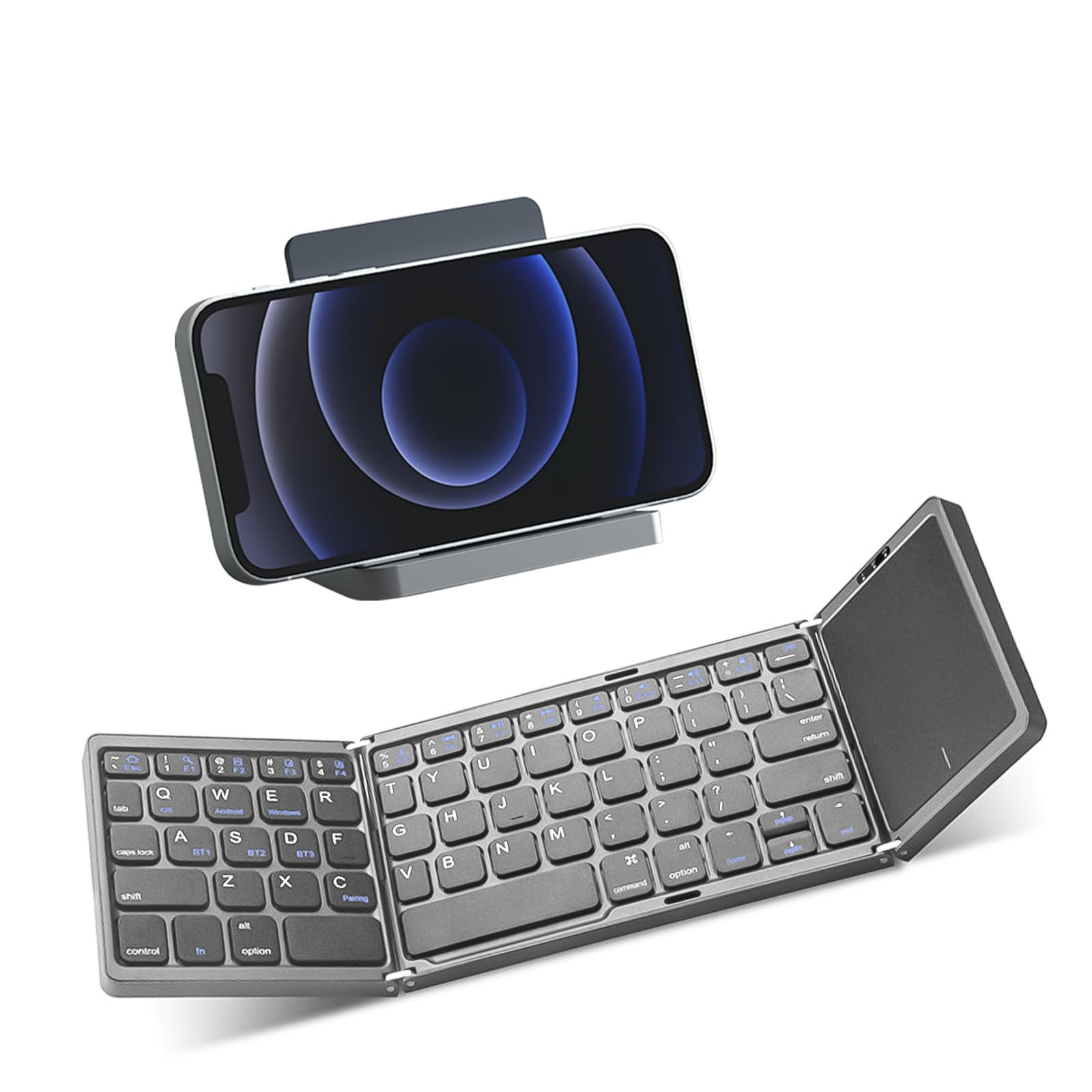 Foldable Keyboard with Trackpad, Portable Bluetooth Keyboard with Touchpad for iOS, Android, Windows Mac Linux PC iPad, Rechargeable Wireless Folding Keyboard Up to 3 Devices [Grey]