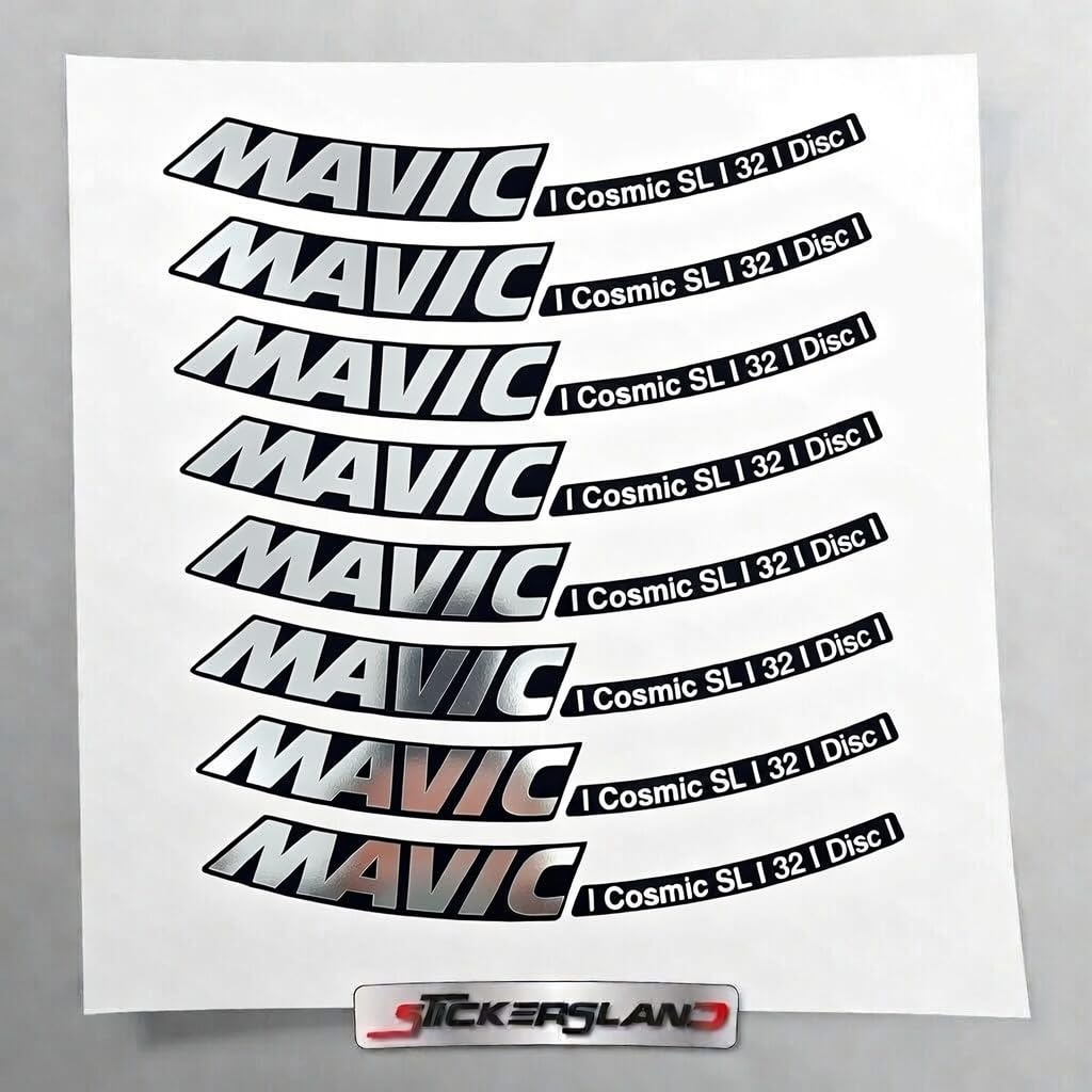 Kit autocollants pour vélo compatible avec jantes Cosmic SL 32 Disc profil 32 mm en vinyle | Set décoratif imperméable pour jantes, casque et cadre | résistant aux intempéries (argent