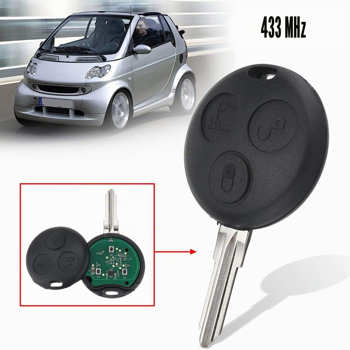 WANGCL Telecomando di ricambio a 3 pulsanti senza chiave per auto Smart City 2000-2004 / Smart ForTwo 2003-2005 / Smart Passion 2000-2004 / Smart Pulse 2000-2004 (433MHZ)