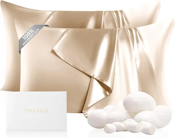 THXSILK Set of 2 100% Mulberry Silk Pillowcases for Hair and Skin Health, 22 Momme Soft and Smooth Pillowcases with Hidden Zipper, Both Sides Premium Grade 6A+ Silk (Standard 20"x26", Beige)