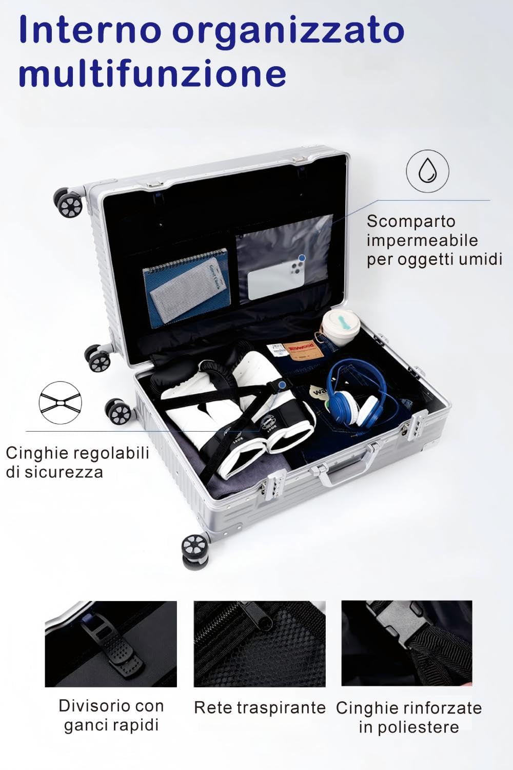 Aoliwei Valigia Bagaglio a Mano con telaio rigido in alluminio e coque in PC. Valigia Trolley con 4 Ruote Doppie Girevoli e Lucchetto TSA Integrato(M,39x24.5x57CM,42L,Nero)