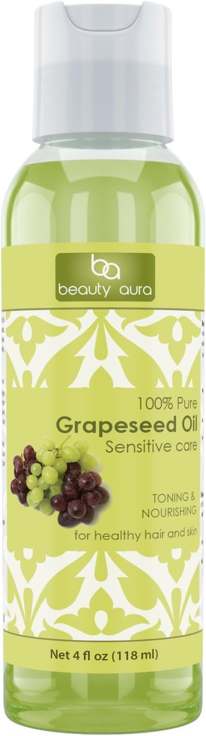 Beauty Aura Grapeseed Oil - 4 fl oz (118 ml) - For Healthy Hair, Skin & Nails.