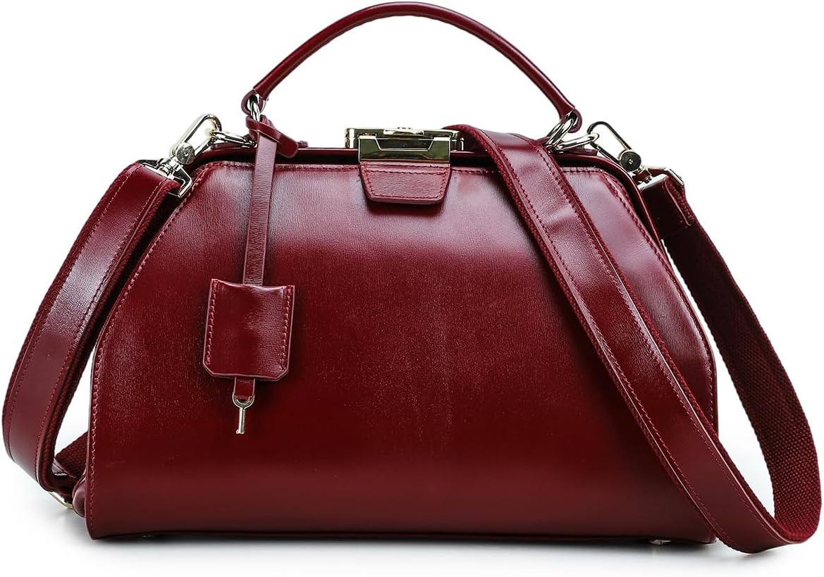 CONTACTS Full Grain Leather Doctor Bag Purse for Women Vintage Handbag Large Top Handle Satchel Work Bag with Key Lock Metal Clasp Frame Opening (Red)