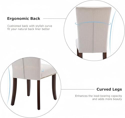 Miniatura 5 de Juego de 4 sillas de comedor tapizadas beige  Sillas de cocina de granja con respaldo alto, patas de madera de caucho maciza, asiento de espuma