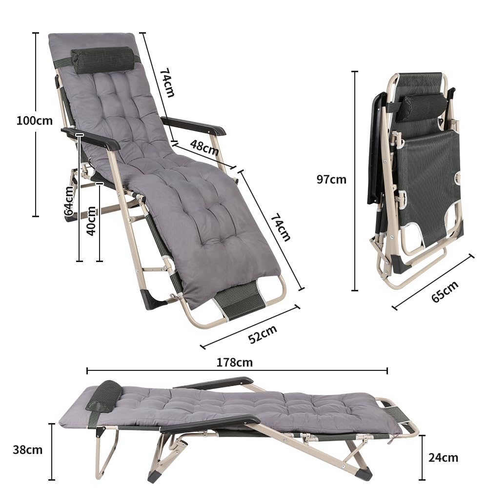 OHMG Silla de Jardín Plegable e Inclinable con Relleno, Reposapiés, Respaldo, Reposacabezas Extraíble, Tumbona Exterior, Estructura de Acero Epoxy, Mueble de Salón