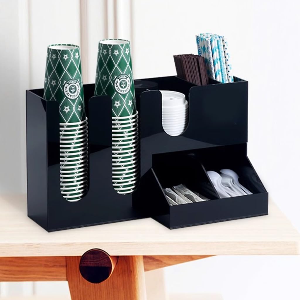 Organizer na kawę, uchwyt na pokrywkę ze stali nierdzewnej, akrylowy organizer na 7 kubków do kawy, czarny, 41,5 x 18,5 x 24,5 cm