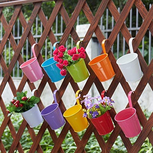 10 Pcs Hanging Flower Pots, Thickened Metal Iron Wall Hanging Planter Indoor/ Outdoor For Railing Fence Balcony Garden Home Decoration, Multicolor #TOP1