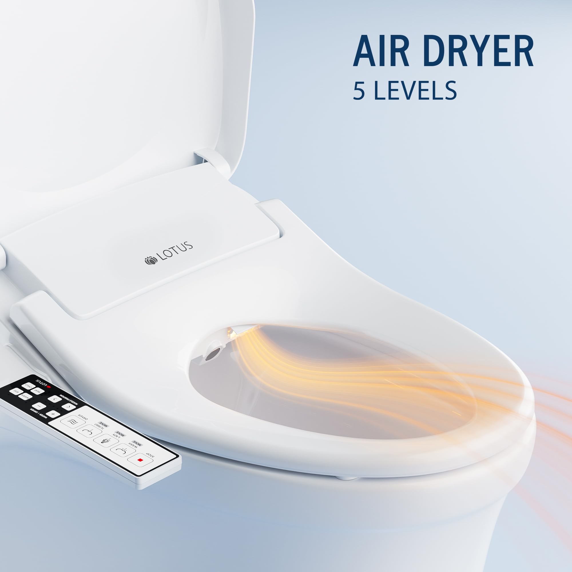 Lotus Bidet ATS-850 - Asiento de inodoro alargado con calefacción y lavado con agua tibia ajustable, panel de control lateral, boquilla de acero inoxidable, secador de aire caliente, luz nocturna