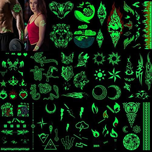 HOWAF Glow in Dark Temporary Tattoos for Adult Men Women Kids(14 Sheets), Waterproof Temporary Tattoo Moon Sun Wolf Lion Totem Fake Tattoos Body Art Sticker Arm Hand Neck Wrist