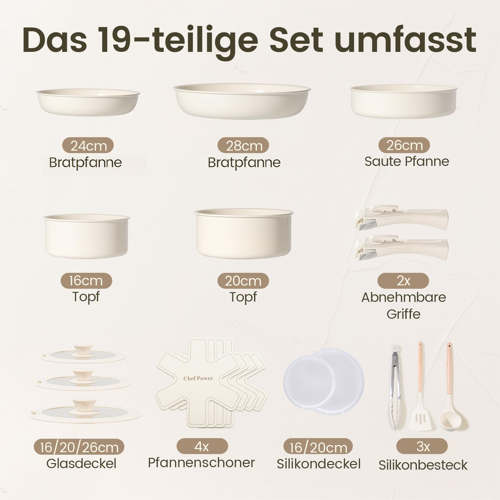 Chef Power 19-teilig Pfannenset Topfset mit abnehmbaren Griffen, Titan-Keramik-Antihaft Kochgeschirr Set, Pfanne 24/28cm, Schmorpfanne 26cm, Töpfe 16/20cm, für alle Herdarten, backofenfest, Weiß