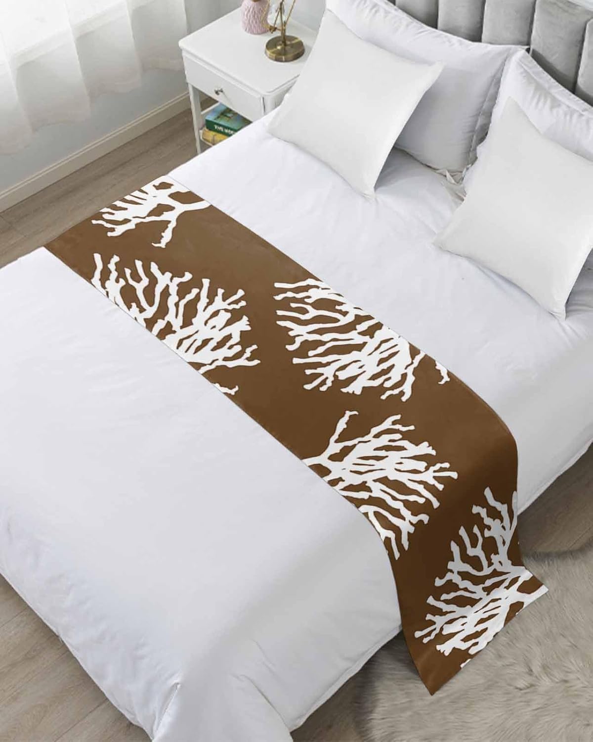 Coral Sage Green Bed Runner Scarf for Queen Size Bed Foot,Decorative Bedding Accessory Stainproof & Dustproof Soft Protector For Bedroom Wedding Room Coastal White Ocean Marine Nautical Beach 94"x20"