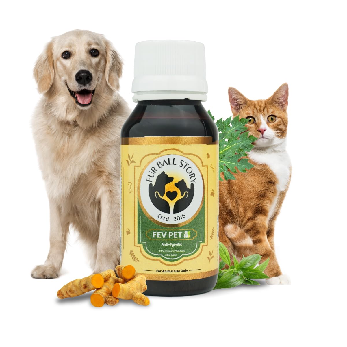 FUR BALL STORY Fev Pet 60ml | Ayurvedic Fever Relief Syrup for Dogs & Cats| Reduces Fever, Cough, Cold, Body Pain | Controls Viral Infections | Immunity Booster | Vet Recommended