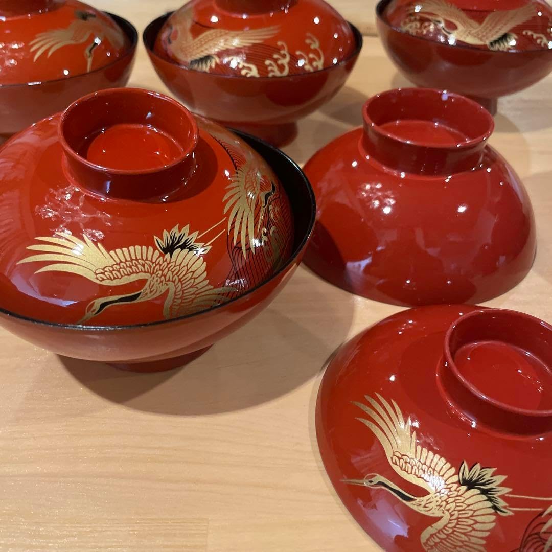 越前漆器、源伸堂きむら 赤い漆器 蓋付き椀5 個セット 越前漆器、