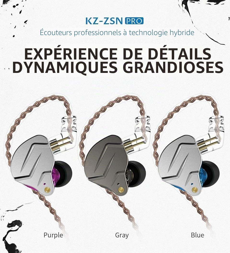 CCA KZ ZSN Pro Écouteurs intra-auriculaires à double pilote 1BA 1DD HiFi avec basse puissante Écouteurs à armature équilibrée Haute clarté du son Écouteurs filaires avec câble détachable pour