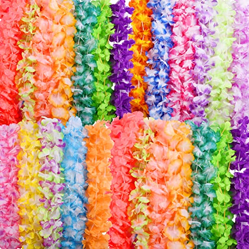 Hananona 100 Pcs Artificial Hawaii Flower Garland Hawaiian Artificial Flowers Neck Loop, Luau Leis Necklaces for Hula Leis Dance Tropical Theme Party Favors (100, Mixed Color)