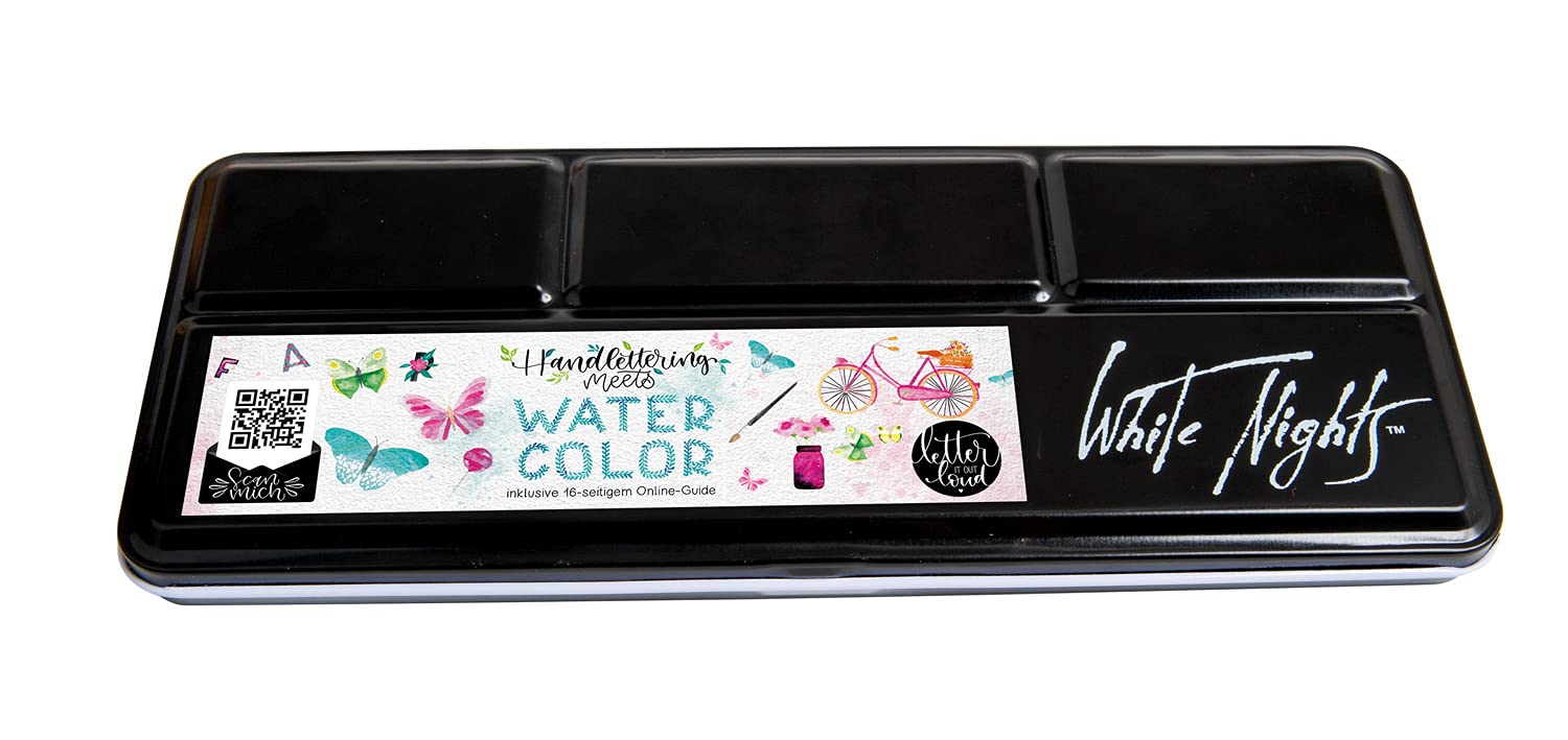 White Nights russischer Aquarellkasten, Sonderedition "letter it out loud", inkl. 12 ganzen Näpfen hochwertiger russischer Aquarellfarbe mit hoher Brillanz und Leuchtkraft