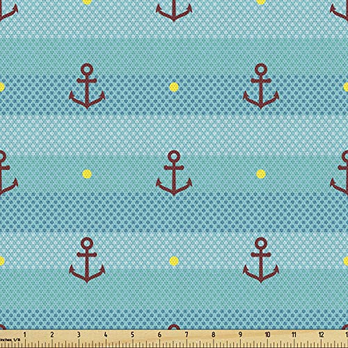 Image of Ambesonne Aqua Fabric by The Yard, Nautical Pattern with Halftone Dotted Sea Inspired Background and Marine Anchor, Decorative Fabric for Upholstery and Home Accents, 3 Yards, Aqua Vermilion