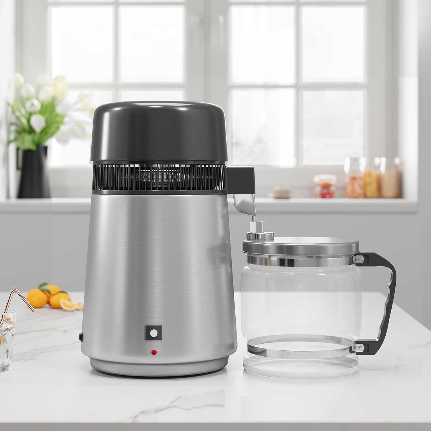 Destilador de agua 4L,1 litro por hora,750W Máquina de agua destilada con apagado automático,Eliminación de impurezas,Interior Acero 304,Purificador de agua portátil para casas,Oficina,Viajes-Plata