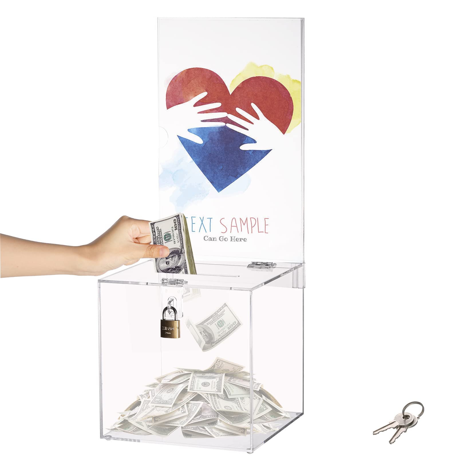 Buy YOUEON Square Acrylic Donation Box with Lock and Removable Sign Holder, 7 x 7 x 7 Inches