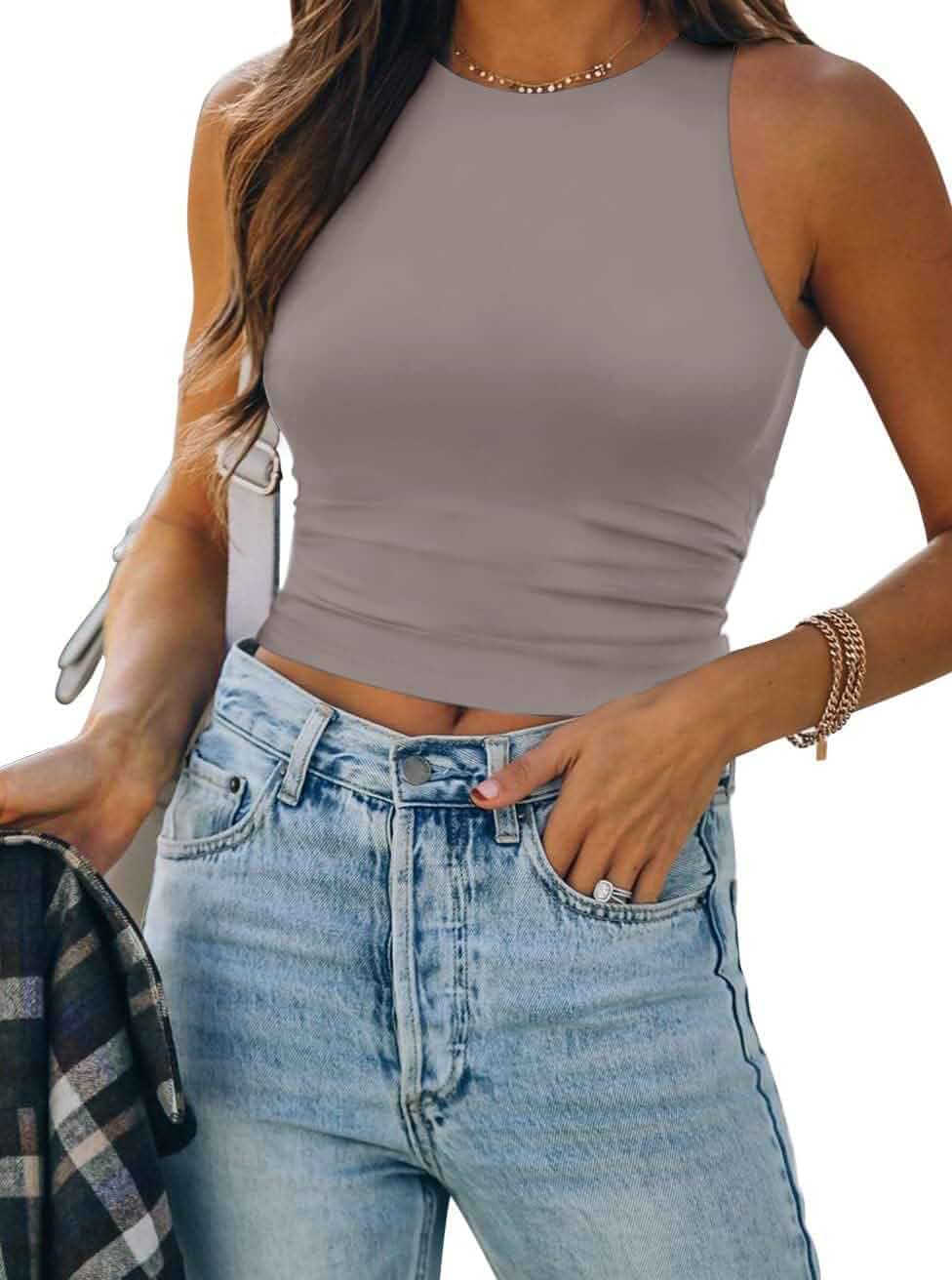 ATHMILE Womens Double Lined Crop Tank Tops Casual Basic Shirts Sleeveless Workout Tops Cute Summer Clothes Teen Girls Sleeveless