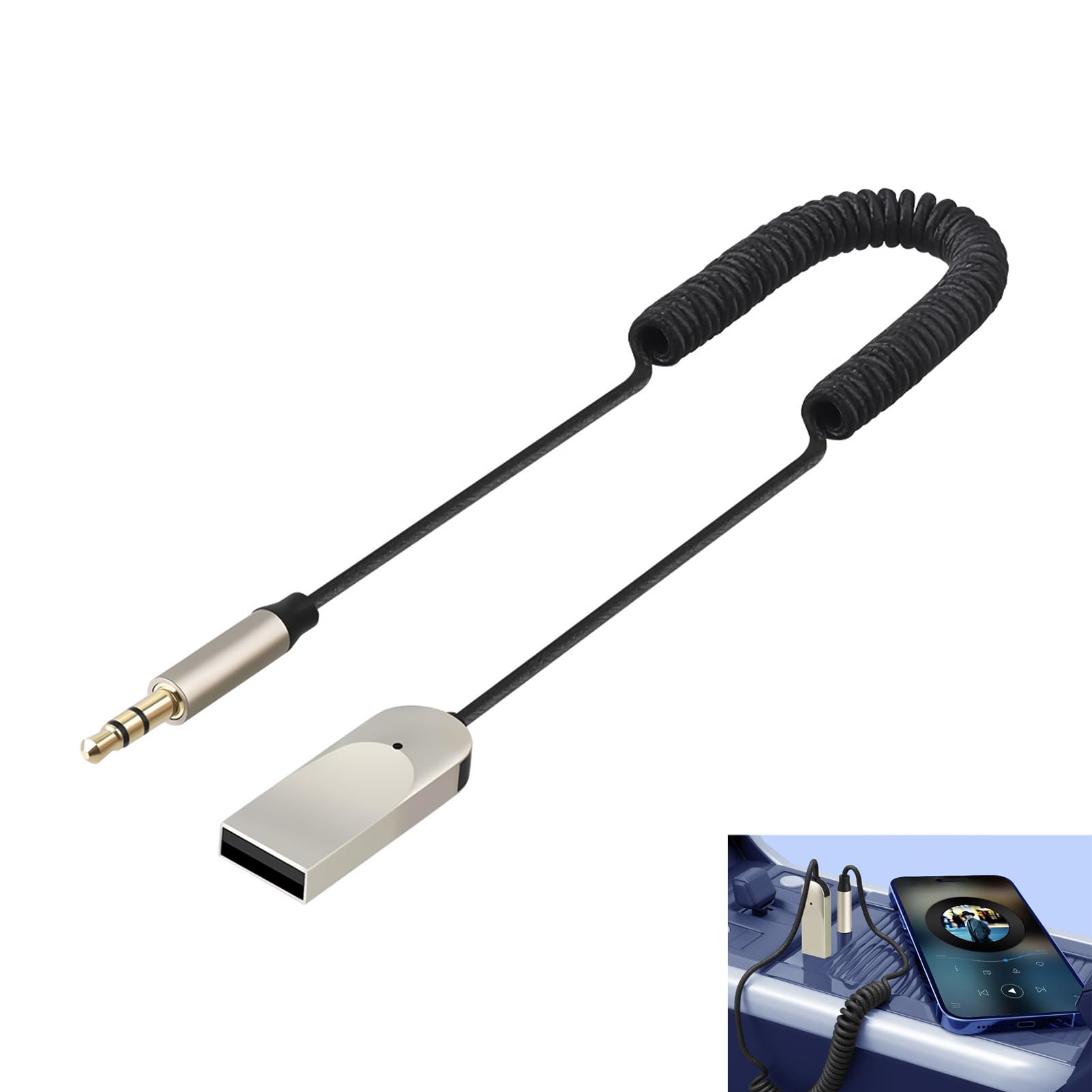Ricevitore Bluetooth 5.4 per Auto con Jack 3.5mm, Adattatore AUX Bluetooth USB con Microfono, Audio Wireless per Auto, Vivavoce per Chiamate, Altoparlanti Stereo, Cuffie, Cavo Estensibile, Universale