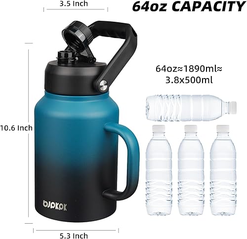 Miniatura 5 de BJPKPK Botella de agua aislada de 64 onzas con asa, grande apta para lavavajillas, botella de agua de medio galón, jarra de agua sin BPA, frascos de