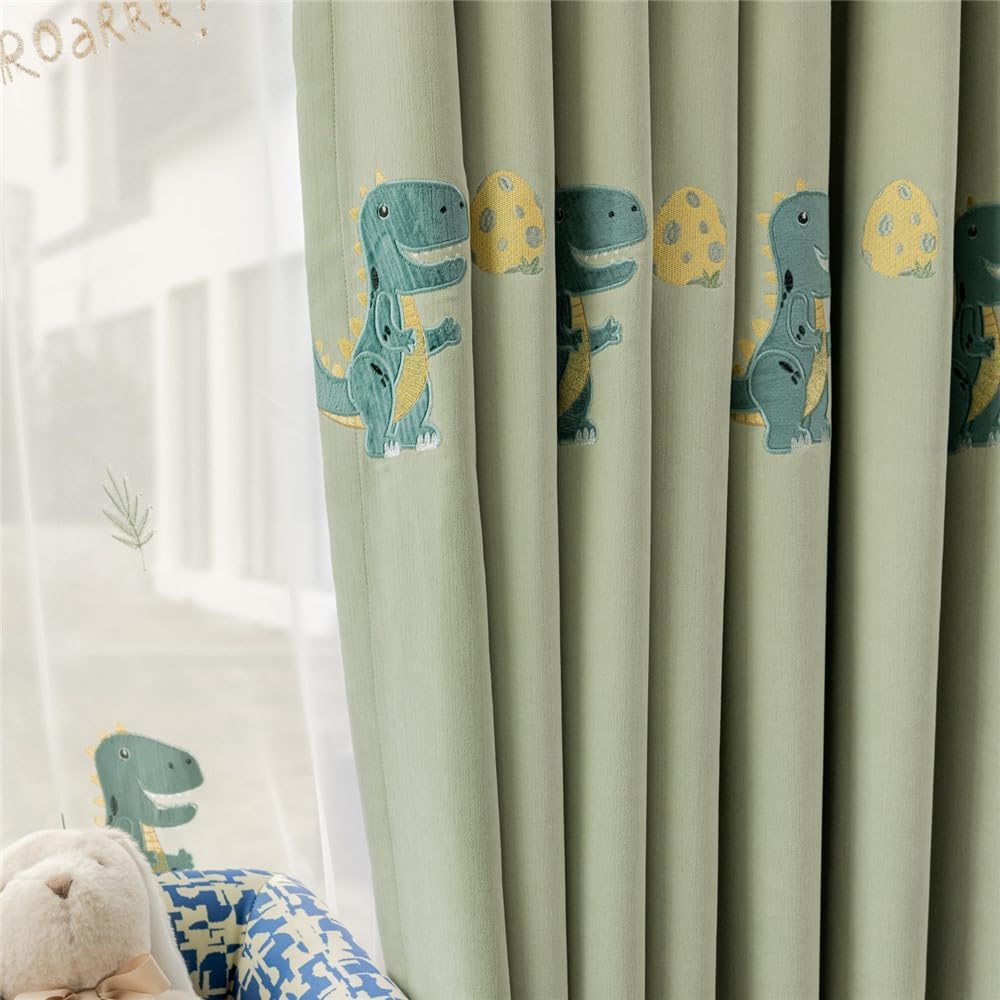 Cute Cartoon Dinosaur Embroidered Blackout Curtains for Kid's Bedroom Kid's Nursery Curtains for Boys Room Grommet Top 1 Panel (Green,W52 x L84 Inch)
