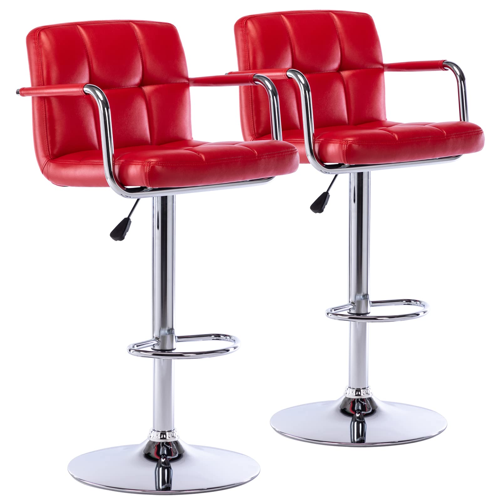 Vogue Furniture DirectModern PU Leather Square Bar Stools, Adjustable Swivel Barstools with Back and Arms, Airlift Counter Height Chairs for Kitchen Dining Pub Cafe Set of 2 (Red)