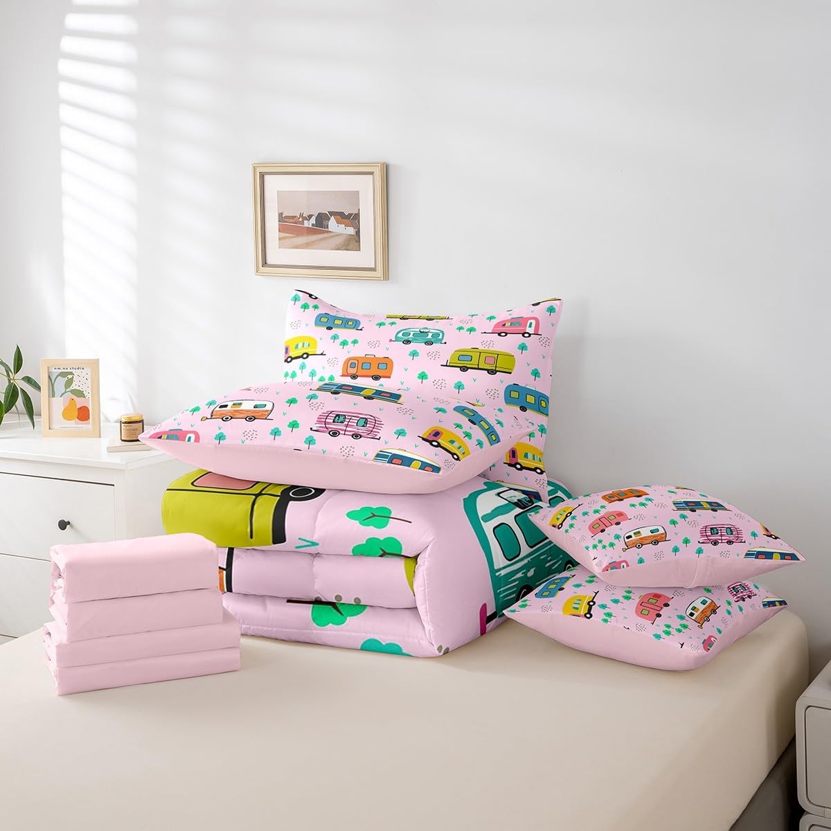 Erosebridal Kids Travel RV Comforter Set Full Size,Camping Themed Bedding Set for Kids Teens,Cartoon Trees (Comforter+Fitted+Flat Sheet+2 Pillowcases+2 Throw Pillow Covers) 7 Pieces Bed Set