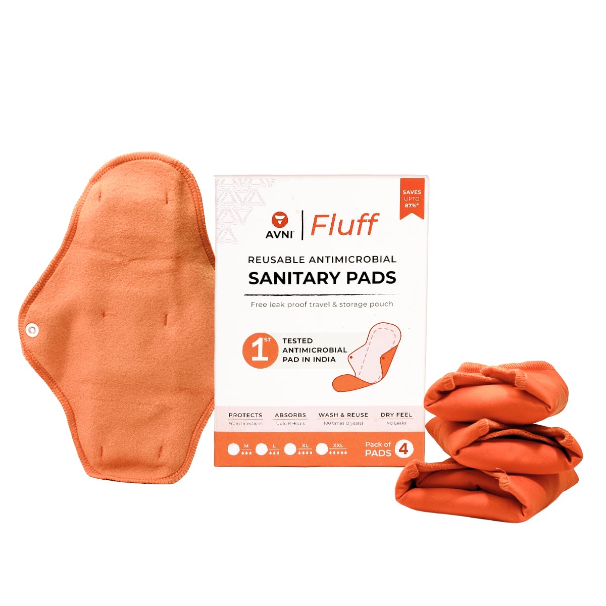 Avni Wellness - Fluff Reusable Cloth Pads, Pack of 4, Large (24 cm) | Antimicrobial Washable Cloth Sanitary Pad | With Cloth Storage Pouch